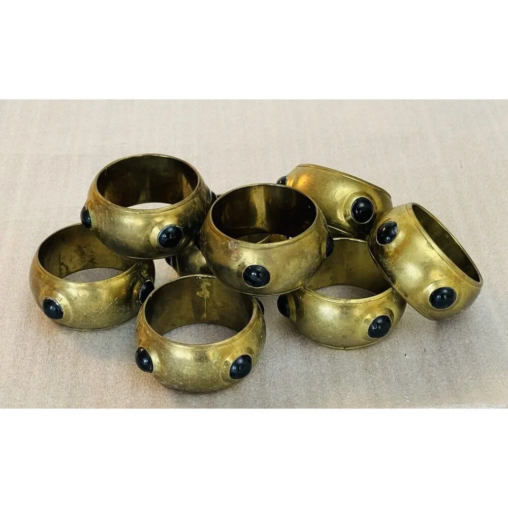 Vintage Brass Napkin Rings Faux Onyx Cabochon Set of 8 Made in India Patina